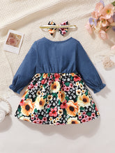 Children's Ruffled Bow Contrast Floral Dress with Headband OutfitFlow